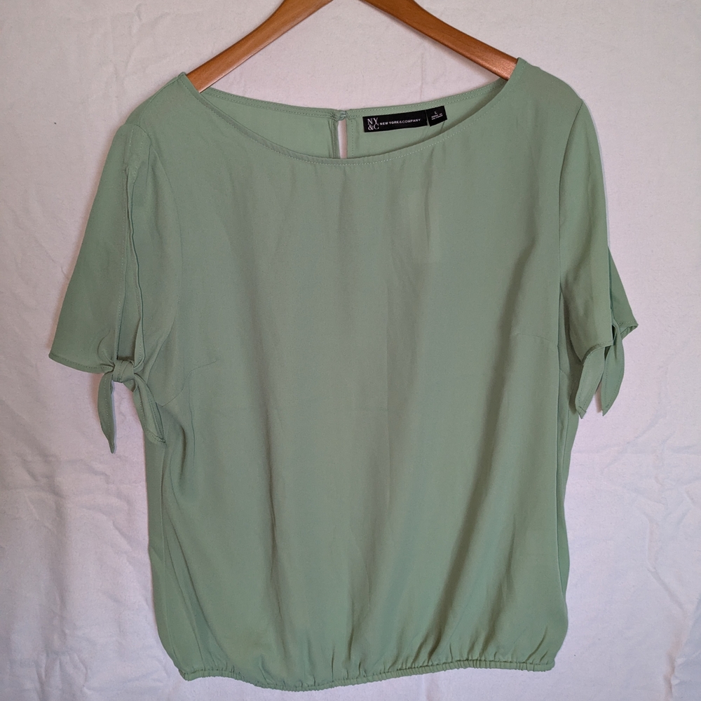 New York & Company Sage Green Blouse with Knotted Sleeves